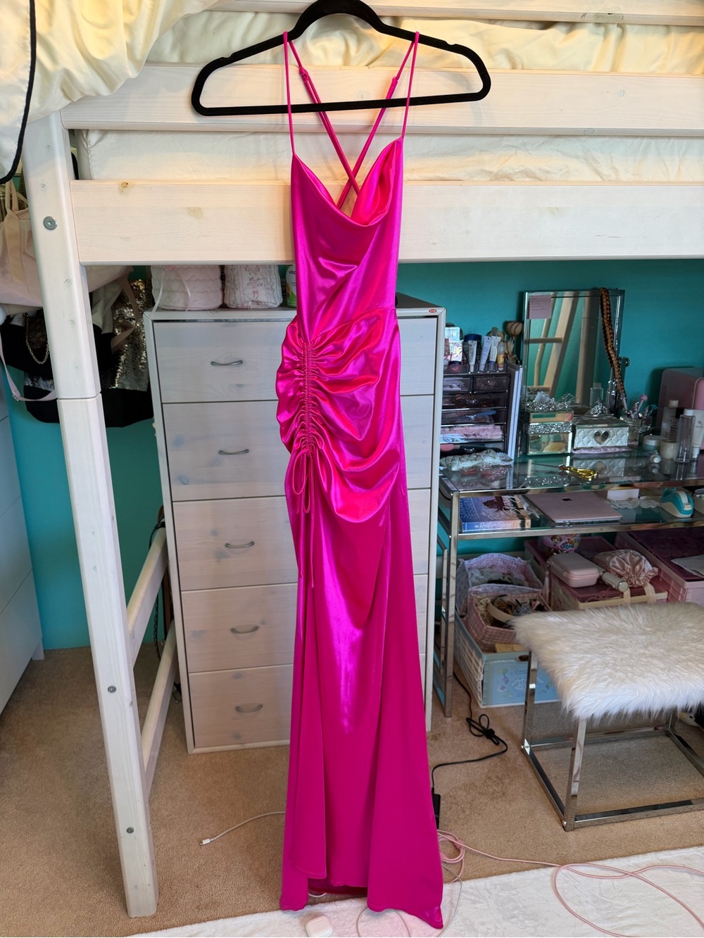 BNWOT Windsor Vibrant Pink Satin Ruched Dress